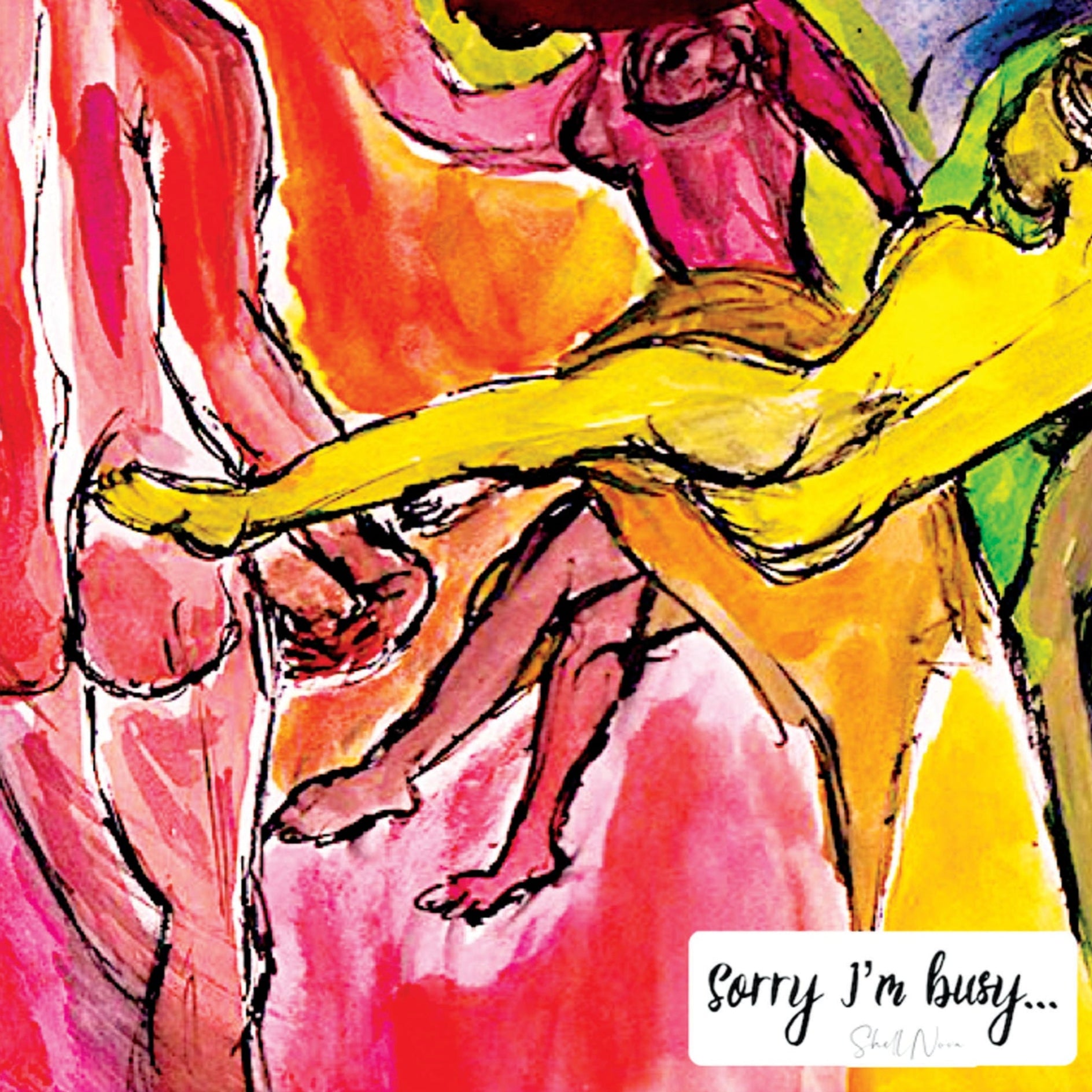 Colourful abstract artwork with a figure and text 'Sorry I'm busy...' on a white background.